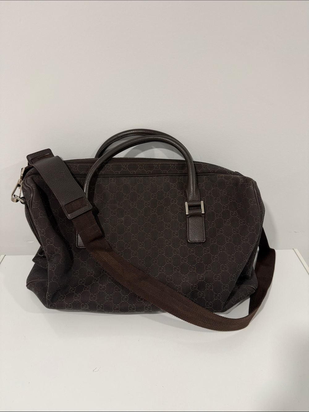 Brown Gucci Monogram Travel Duffel Bag with Adjustable Strap